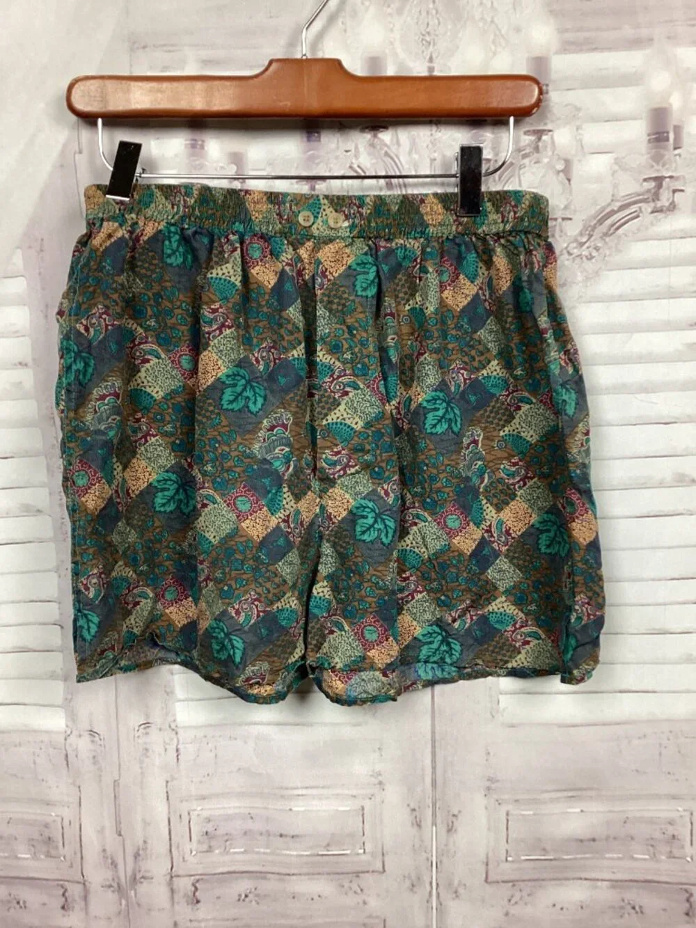 Vintage Silk Boxers Green Geometric pattern Elastic S